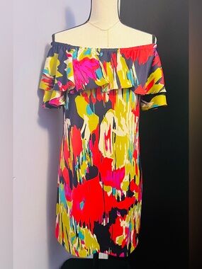 Maggie London Off-Shoulder Multicolor Abstract Print Dress